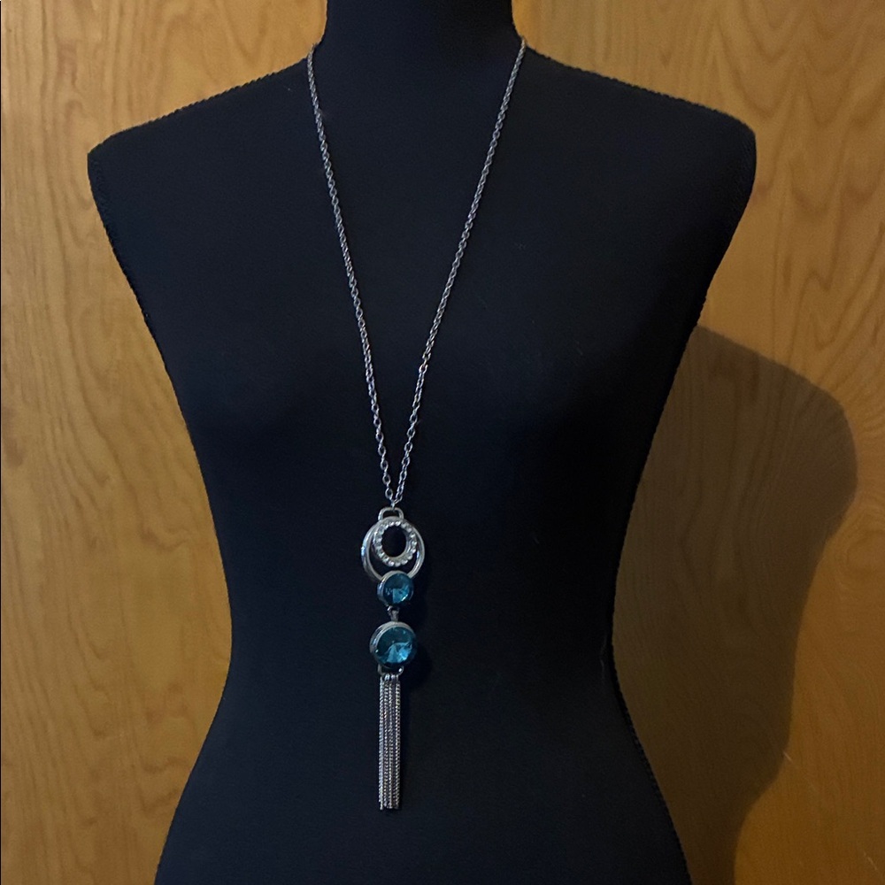 Silver Long Pendant Necklace with Blue Crystals